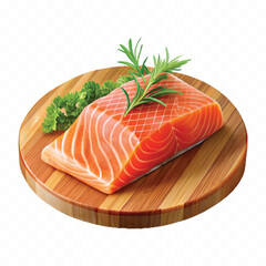 realistic slice of raw salmon on wooden board isolated white or transparent background