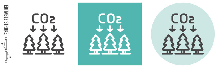 CO2を吸収する森林｜ライン・アイコン　[線の編集可能]