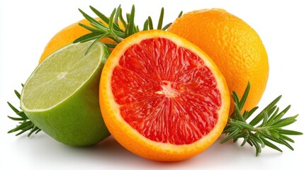 Fresh citrus fruits including lime orange and blood orange arranged beautifully with vibrant green rosemary leaves highlighting their natural colors and textures for a healthy food concept