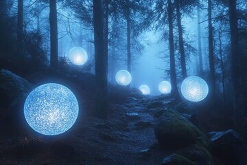 Fototapeta premium Misty fantasy forest filled with glowing orbs creates an enchanting atmosphere at twilight, 3D ing misty fantasy forest glow orbs