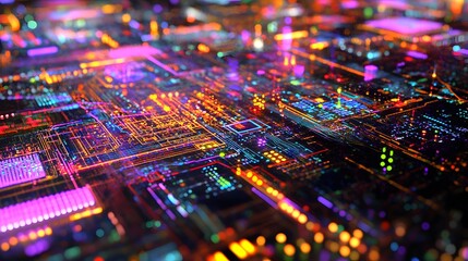 Obraz premium Abstract design of vibrant electronic circuit board.