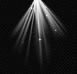 Transparent background with light rays burst creating a glowing light effect, with sparkling stars