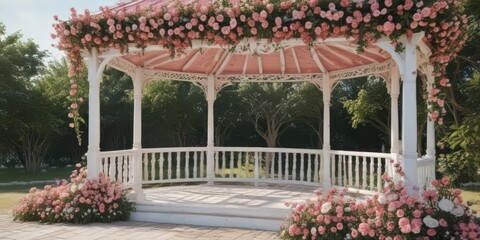 Fototapeta premium Elegant pink & white floral gazebo decorations, banners, romantic