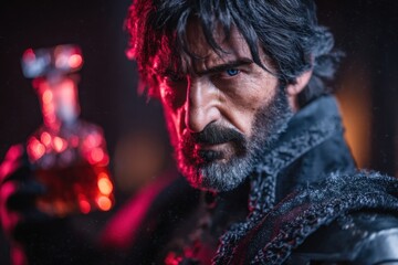 Close-up of a man with dark hair and beard holding a red-lit decanter, intense blue eyes, stern expression, dark textured garment,