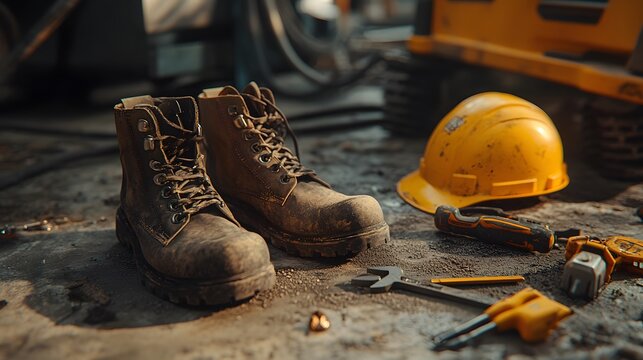 Used work boots and tools on a concrete floor.