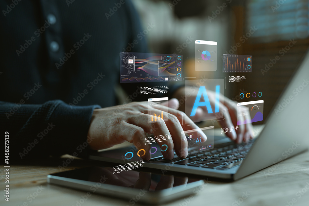 Aufkleber person working on laptop with virtual ai interfaces, data visualization dashboards, representing art