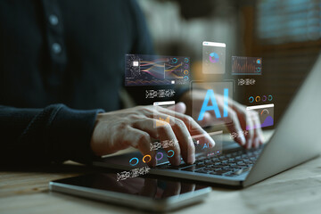 Person working on laptop with virtual AI interfaces, data visualization dashboards, representing artificial intelligence development, neural networks, machine learning, and advanced data processing.