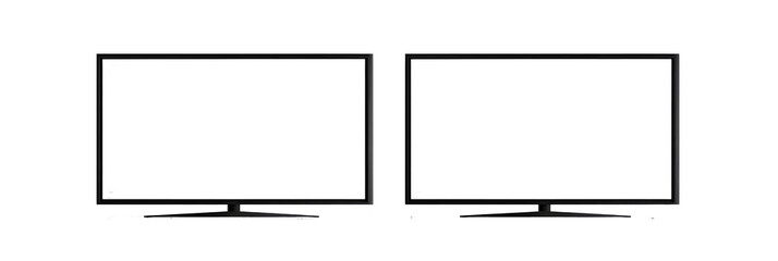 Two flat screen televisions with black borders and stands against a black background