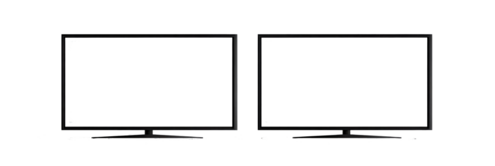 Two flat screen televisions with black borders and stands against a black background