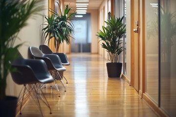 A hallway outside an interview room with chairs and potted plants. A nervous person is preparing to try again after past rejection.