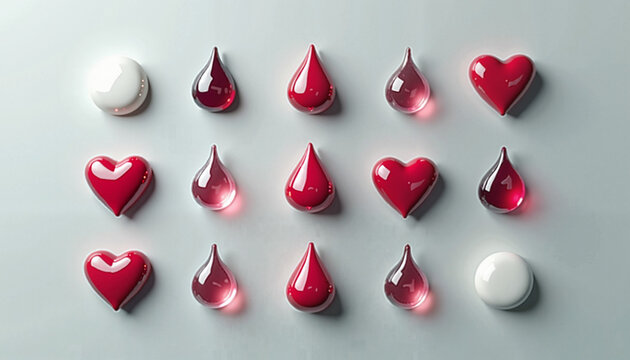 Blood group icons in high-resolution 3D grid on light gray background

