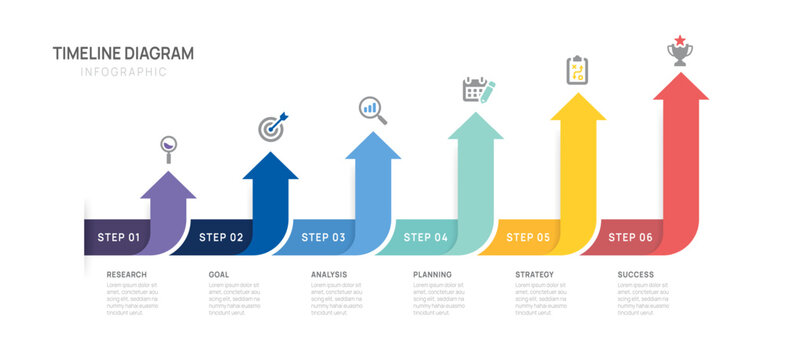 Business infographic six arrow 6 steps to success. Annual report, Business Timeline presentation template. Vector illustration.