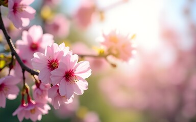 Obraz premium Captivating Pink cherry tree blossom flowers blooming in spring, easter time against a natural sunny blurred garden banner background of blue, yellow and white bokeh. High quality