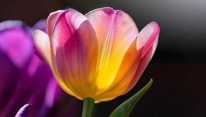 Fototapeta premium A close-up of a brightly colored tulip with vivid yellow, pink, and purple hues