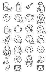 Baby feeding problem line icon set. Vector pictograms of food, allergy, colic, reflux, spit, crying, discomfort, hot, cold, temperature, spoon, thin linear illustration.