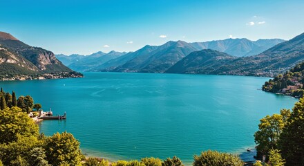 Breathtaking scenic view of Lake Como, Italy. Features transparent turquoise waters against the backdrop of the Italian Alps. Famous Lombardy travel destination.