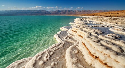 Close-up view of unique white salt formations and crystals along the shoreline of the still, mineral-rich Dead Sea, located between Jordan and Israel. Unique geology.
