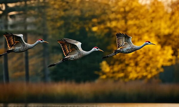 Three cranes gracefully flying over a serene lake at sunset, surrounded by lush trees and golden grasses