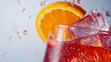 Sparkling refreshment with orange slice and ice.