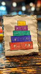 A colorful, hand-drawn pyramid of boxes on textured paper
