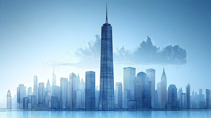 Obraz premium A majestic skyscraper dominates a serene cityscape, reflected in calm waters under a pale sky