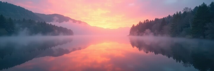 Misty lake at daybreak, sun's rays pierce low-hanging fog, light, quiet