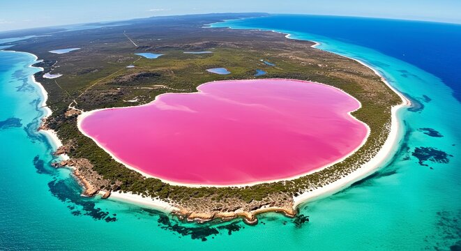 Iconic natural wonder: Lake Hillier, the famous pink lake, located on Middle Island in Western Australia's Recherche Archipelago. Unique and vibrant landmark.