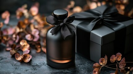 Dark perfume bottle and gift box