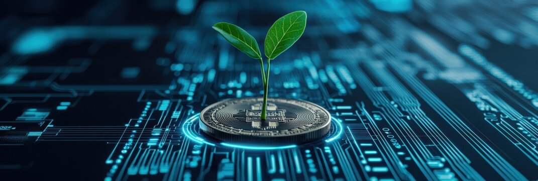 startup investment growth ecosystem concept. Plant sprouting from a coin on a digital background.