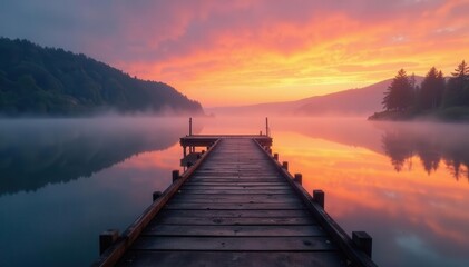 Fototapeta premium Misty sunrise, ancient wooden jetty on still lake, hazy, blue, pier