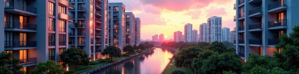 Modern apartment complexes, vibrant city center, roads, buildings