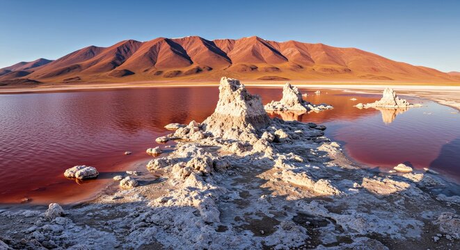 Panoramic image of Laguna Colorada (Red Lagoon) in Bolivia's Altiplano, showcasing its unique shallow red waters, often dotted with flamingos. High-altitude salt lake. - Powered by Adobe