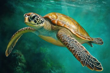 Fototapeta premium Green sea turtle gracefully swimming in clear turquoise water of a tropical ocean, green sea turtle swimming