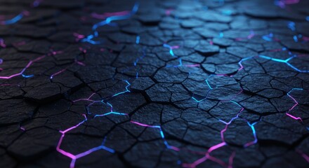 Dark cracked surface with blue and pink glow