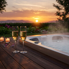 Romantic Sunset Hot Tub Scene on transparent background