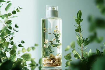 A clear shampoo bottle filled with herbal ingredients floats elegantly against a backdrop of fresh greenery. The eco-friendly brand emphasizes a natural, holistic lifestyle