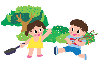 キャンプで薪を集める男の子と女の子
