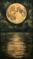 A luminous full moon hangs low over a dark, still body of water, its golden light reflected in the calm surface, surrounded by brooding clouds