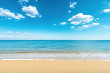 Obraz premium Idyllic beach shore with untouched sand and vibrant blue skies on a sunny day, Beach of idyllic sea shore Untouched sand and vibrant blue sky over horizon