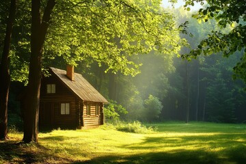 Fototapeta premium Tranquil cabin nestled in a sunlit forest clearing surrounded by vibrant greenery, Cabin in a sunlit forest clearing with lush greenery Peaceful woodland retreat concept