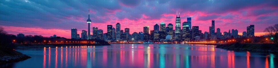 Obraz premium Montreal skyline panorama, dusk, St Lawrence River, cityscape, buildings, Canada