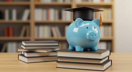 Piggy bank with graduation cap on books in front of a bookcase.