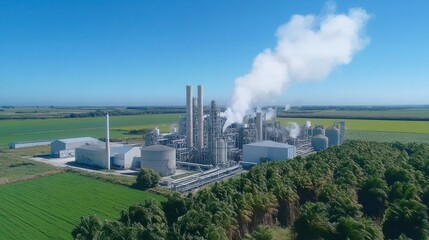 Aerial View of a Bioethanol Plant Surrounded by Lush Green Fields