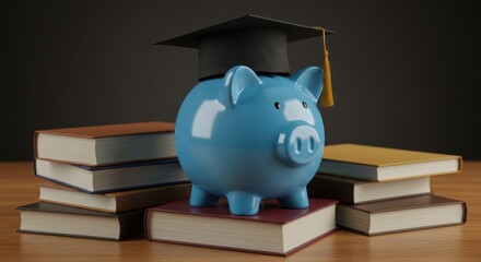 Piggy bank with graduation cap on books representing education savings investment.