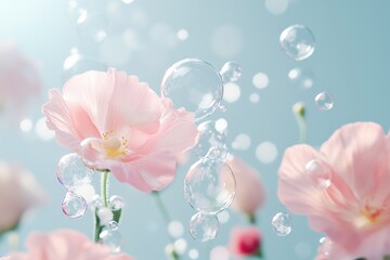 Obraz premium Bubbles floating among delicate pink flowers create a whimsical garden atmosphere, bubbles fly background with flowers