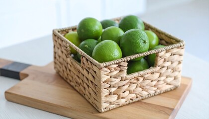 Fresh Green Limes in a Rustic Woven Basket on a Wooden Cutting Board A Healthy and Vibrant Kitchen Scene