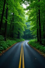 Obraz premium Narrow asphalt road curves through dense forest , travel, way