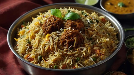 Delicious Spicy Chicken Biryani with Basmati Rice on White Plate