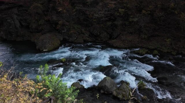Clear water flowing in the daiya river in Nikko, Japan, during the fall season