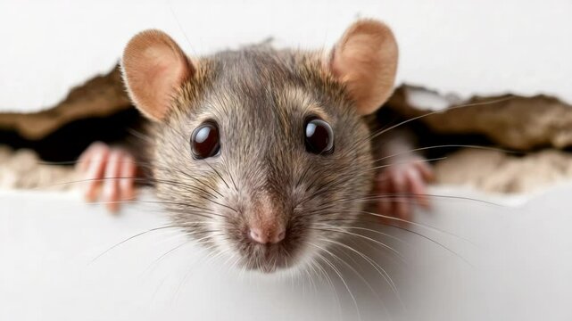 Small gray mouse with its head sticking out of a hole. The mouse is looking at the camera